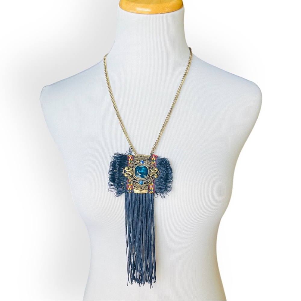 NEW Blue Boho Pendant Long Tassel Necklace Set Funky Earrings